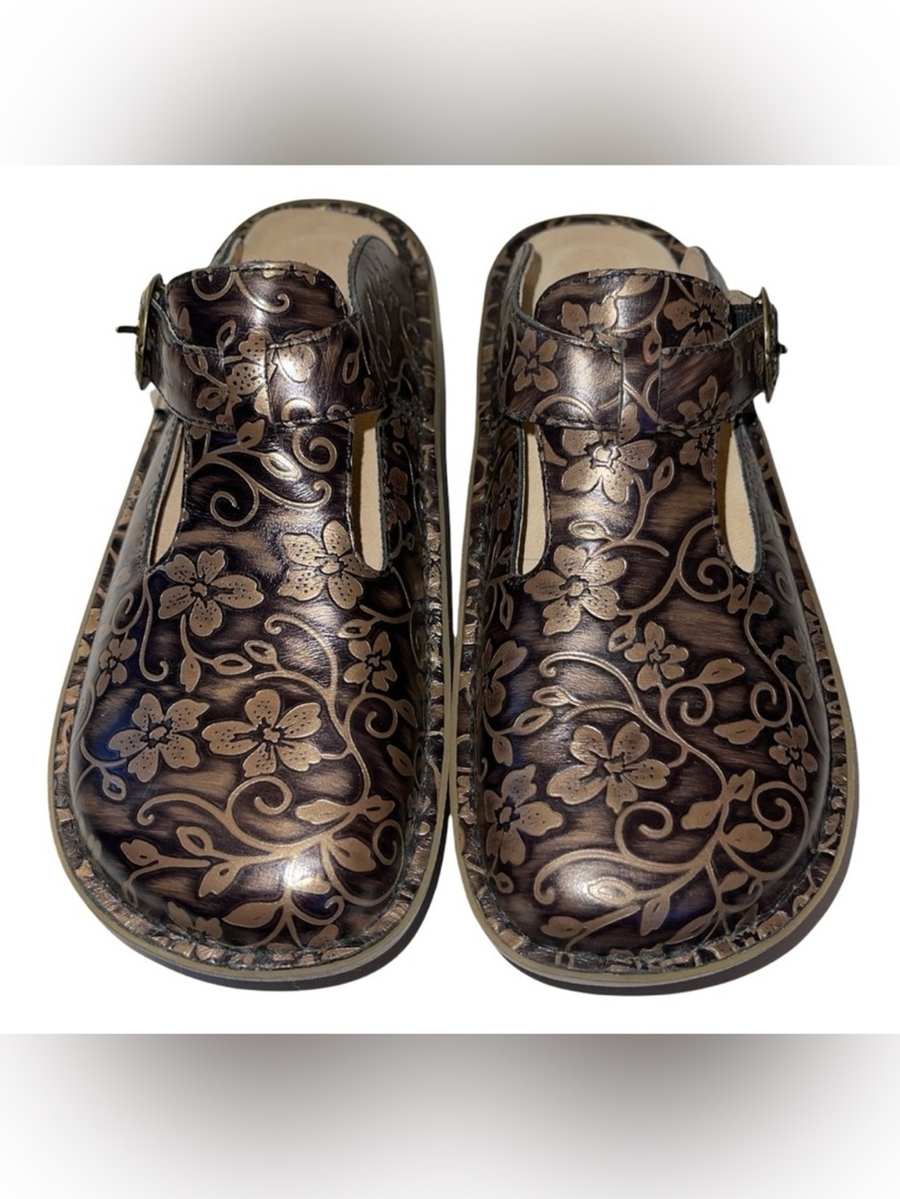 Alegria Bronze Floral Tooled Leather Clog Mules Comfort Cottagecore Hippie 7.5 8